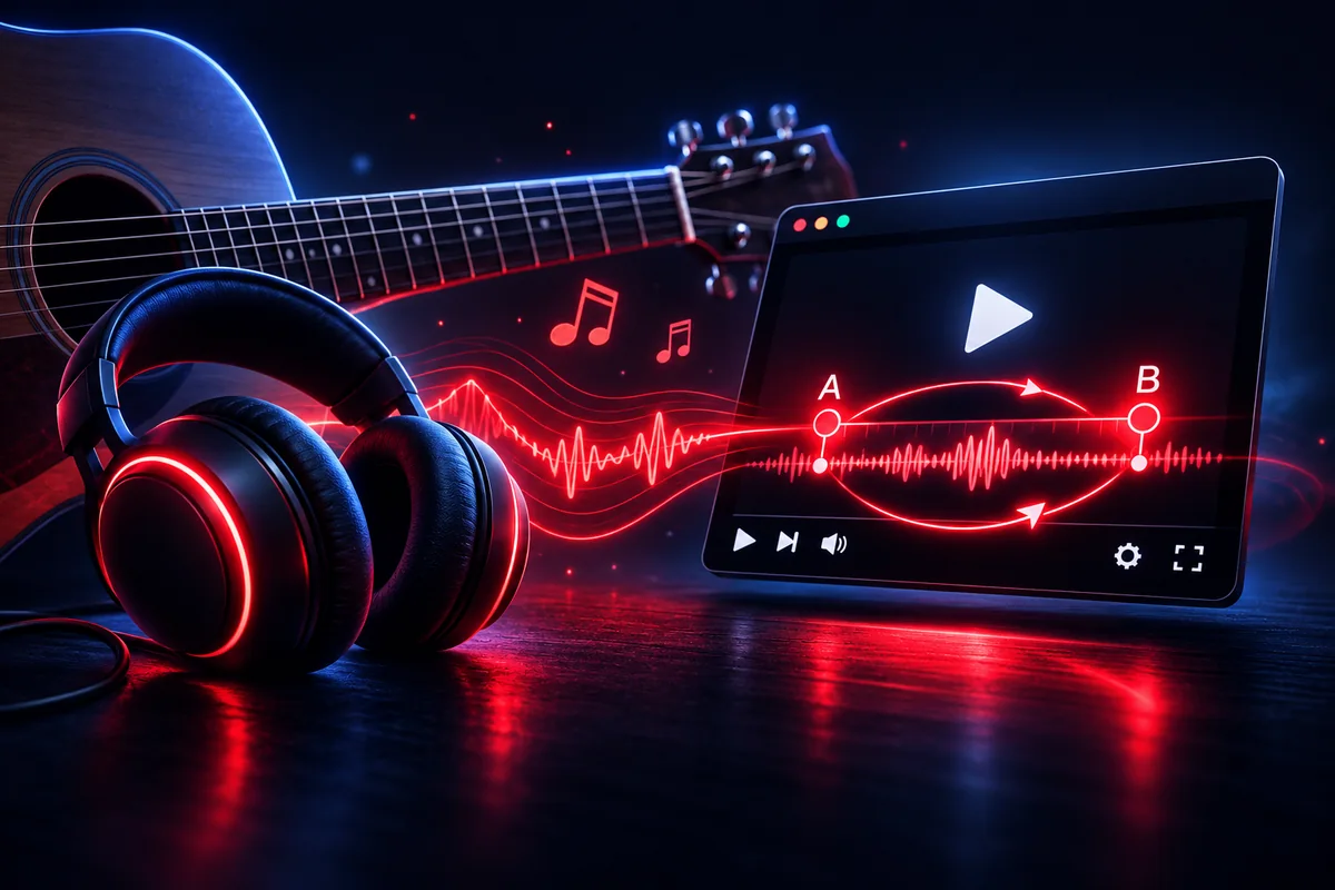 Headphones, acoustic guitar and a looping audio waveform
