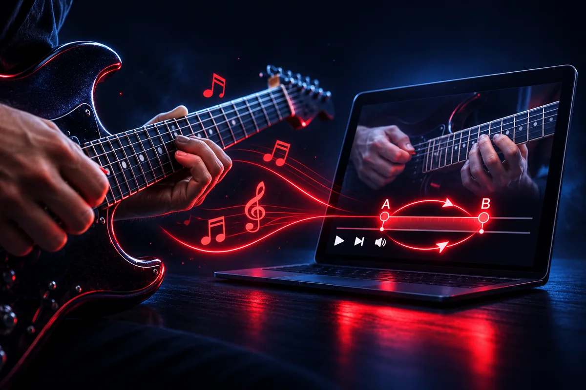 Guitarra elétrica e aula em vídeo com um loop A–B vermelho